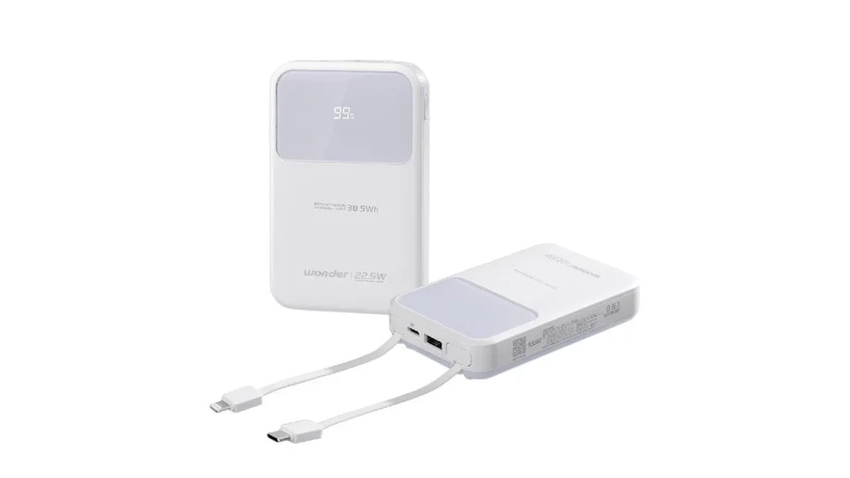 Compact 10000mAh power bank with detachable cable and screen display