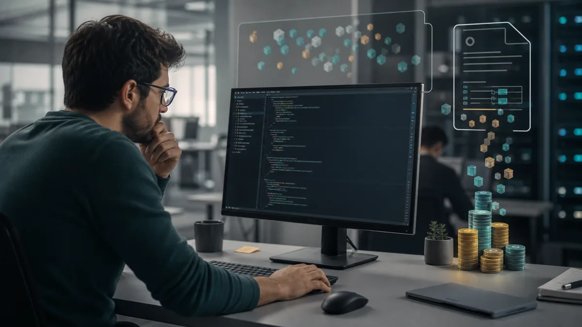Generated image of software developer reviewing AI coding token costs