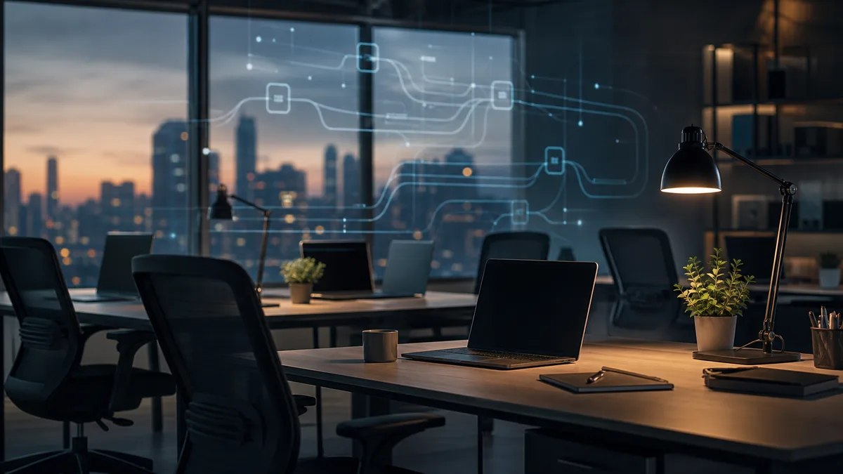 Generated office automation scene showing AI workflow anxiety in the workplace