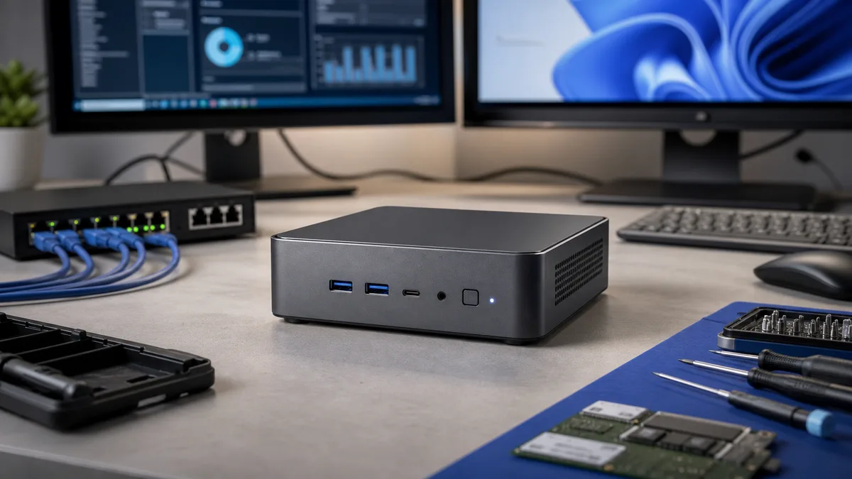 Generated compact mini PC workbench image for Panther Lake enterprise computing