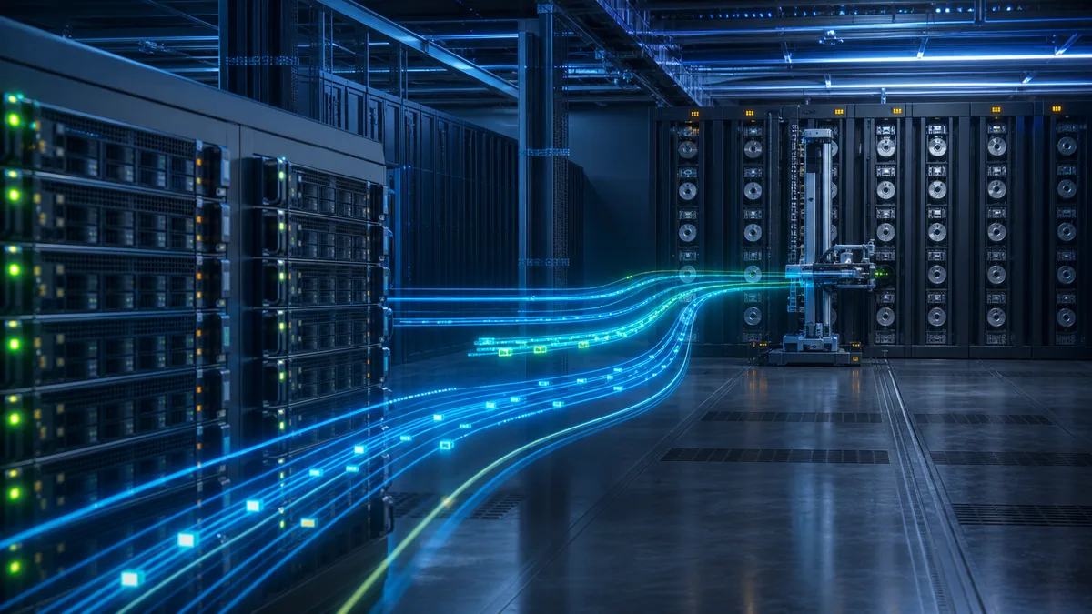 Generated enterprise storage image showing parallel filesystems connected to tape archive
