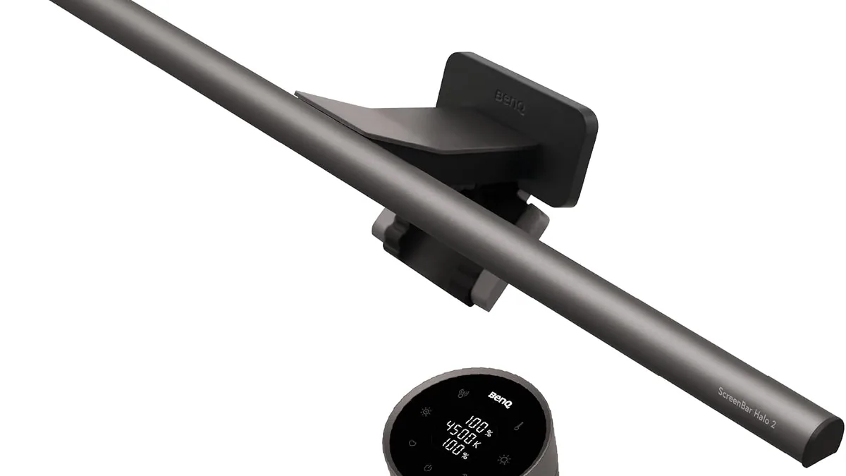 BenQ ScreenBar Halo 2 desk gadget cover with monitor light and night workspace