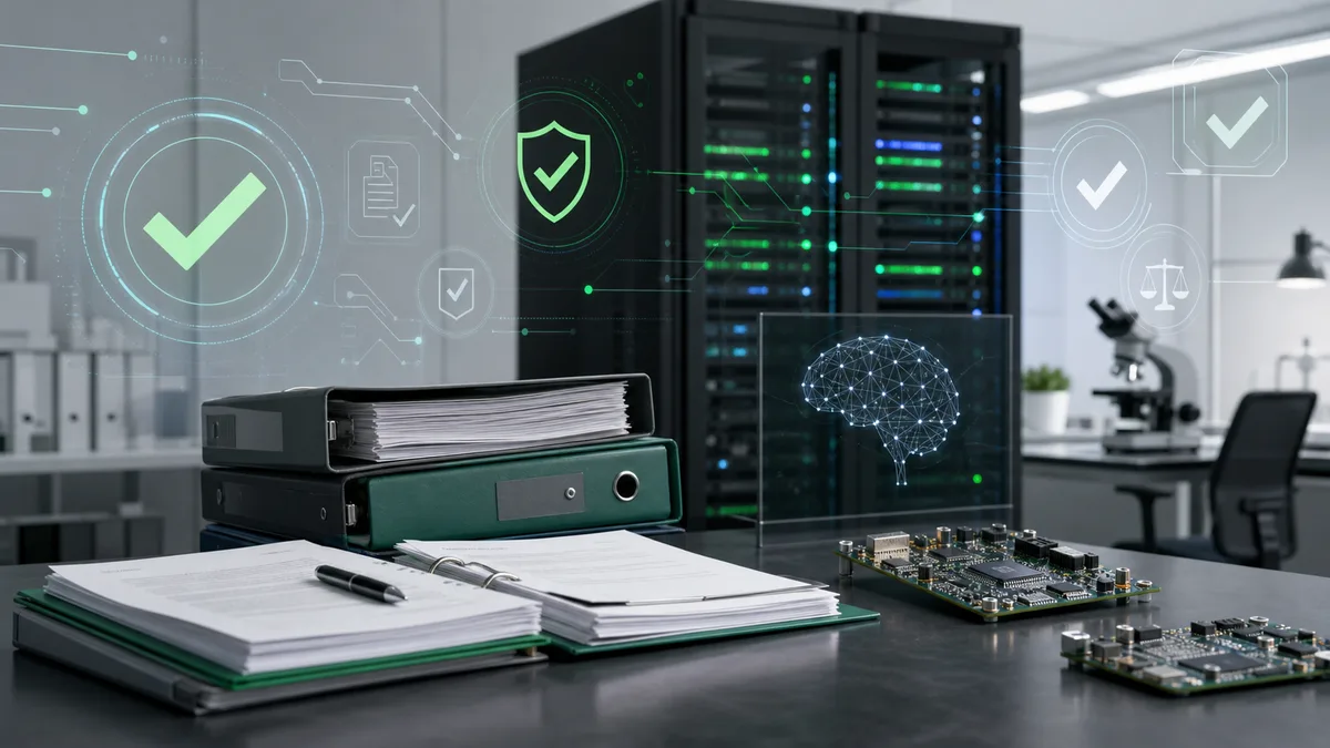 Generated image of AI safety standards documents and secure server infrastructure