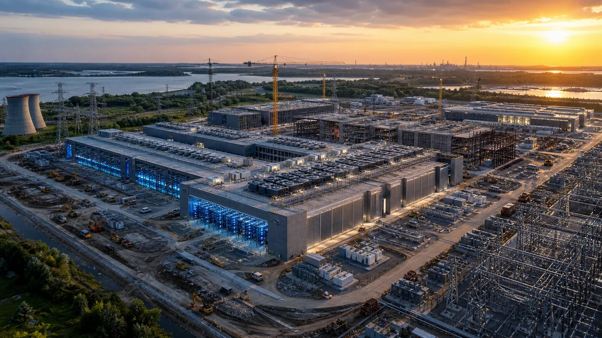 Generated large AI data center campus construction image with power infrastructure