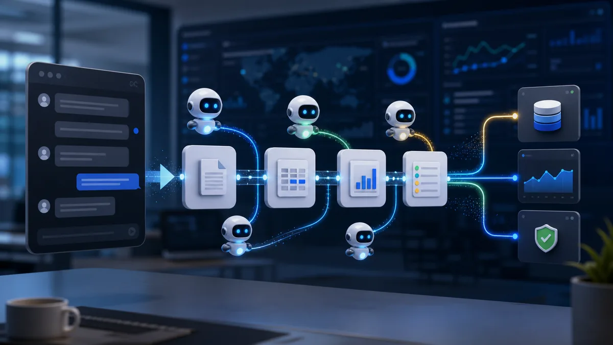 Enterprise AI workflow dashboard showing agents moving tasks between data and approval systems