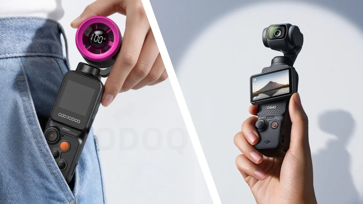 Compact vlogging camera with cooling fan compared with DJI Pocket style cameras