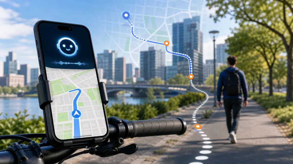 Generated editorial cover showing AI assistant navigation inside a mobile app for daily travel