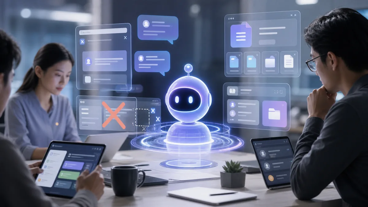 Generated AI assistant collaboration cover showing enterprise app panels and chat workflow