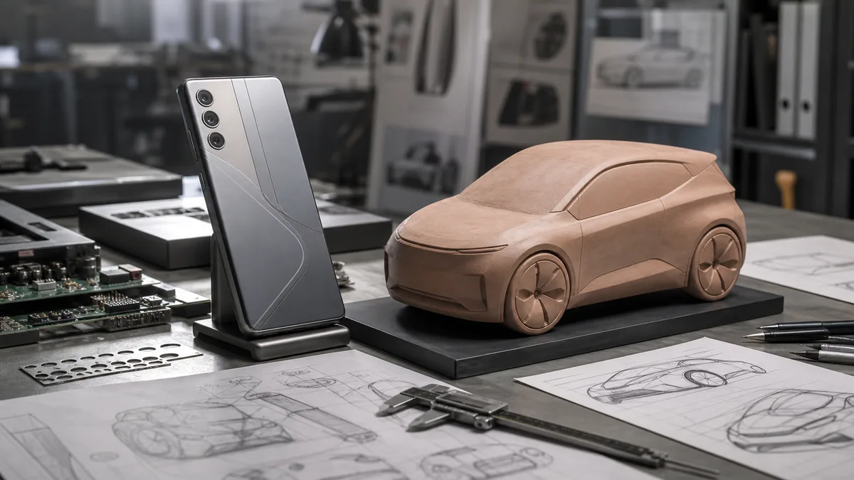 Concept phone and compact smart car model on an industrial design table