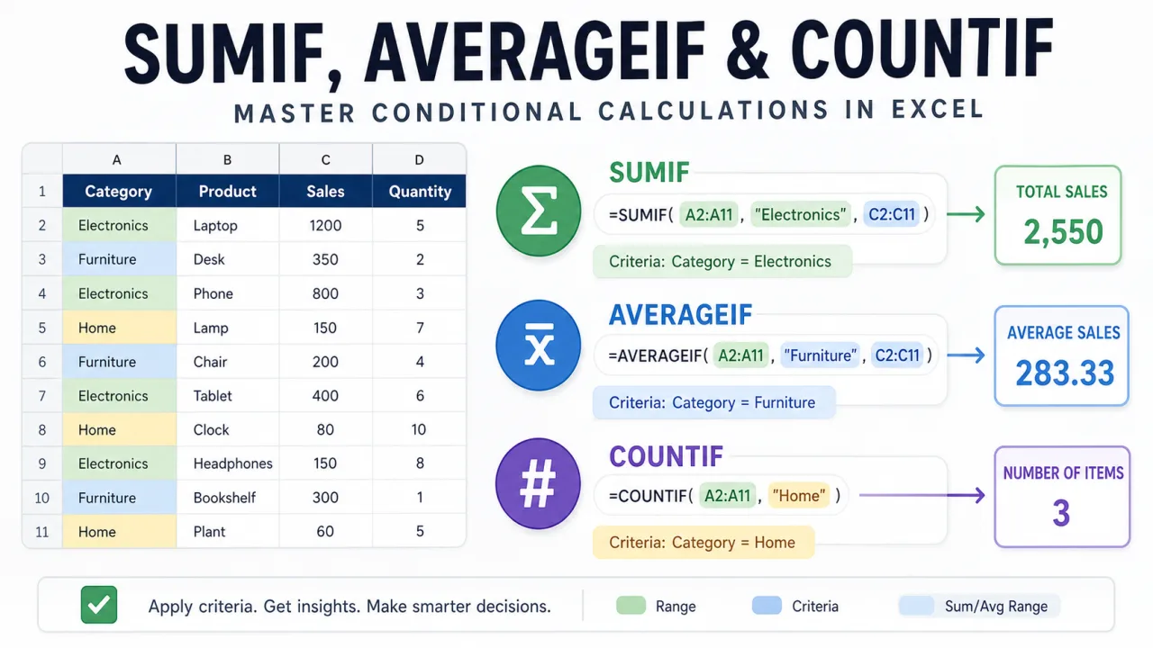 SUMIF AVERAGEIF and COUNTIF Formula Usage in Excel