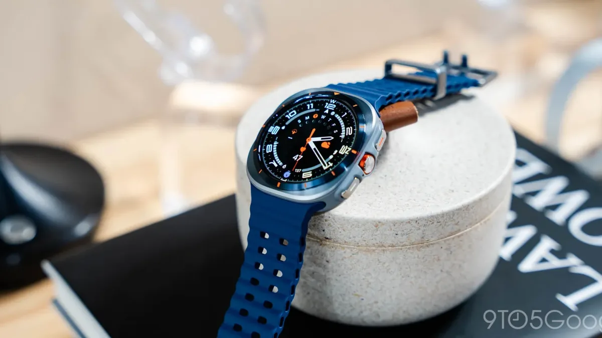 Samsung Galaxy Watch Ultra style wearable on a desk