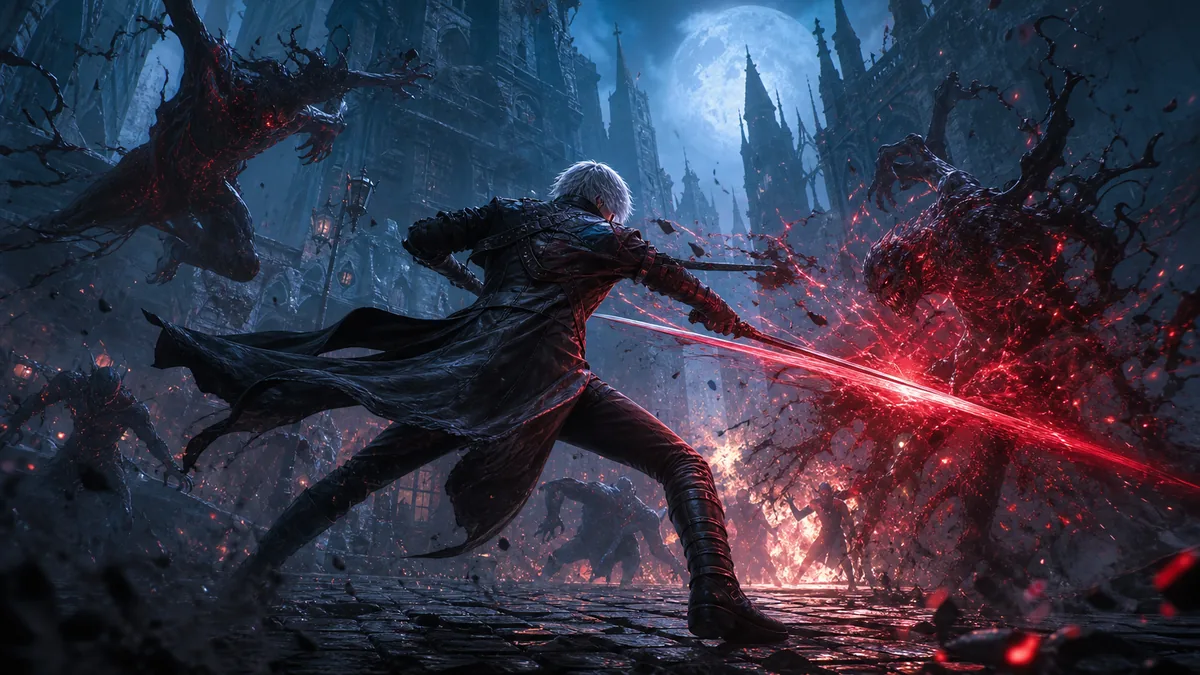 Custom gaming news cover for Devil May Cry 5 Devil Hunter Edition on Switch 2