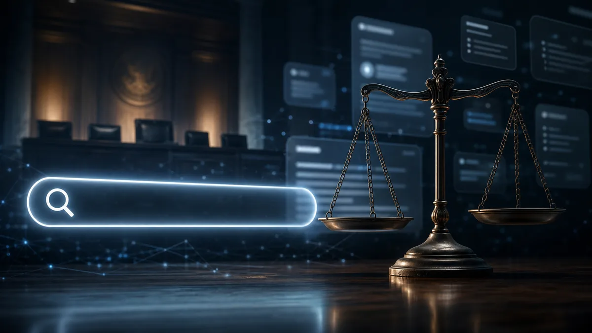 Generated search and legal trust scene for an AI overview liability article