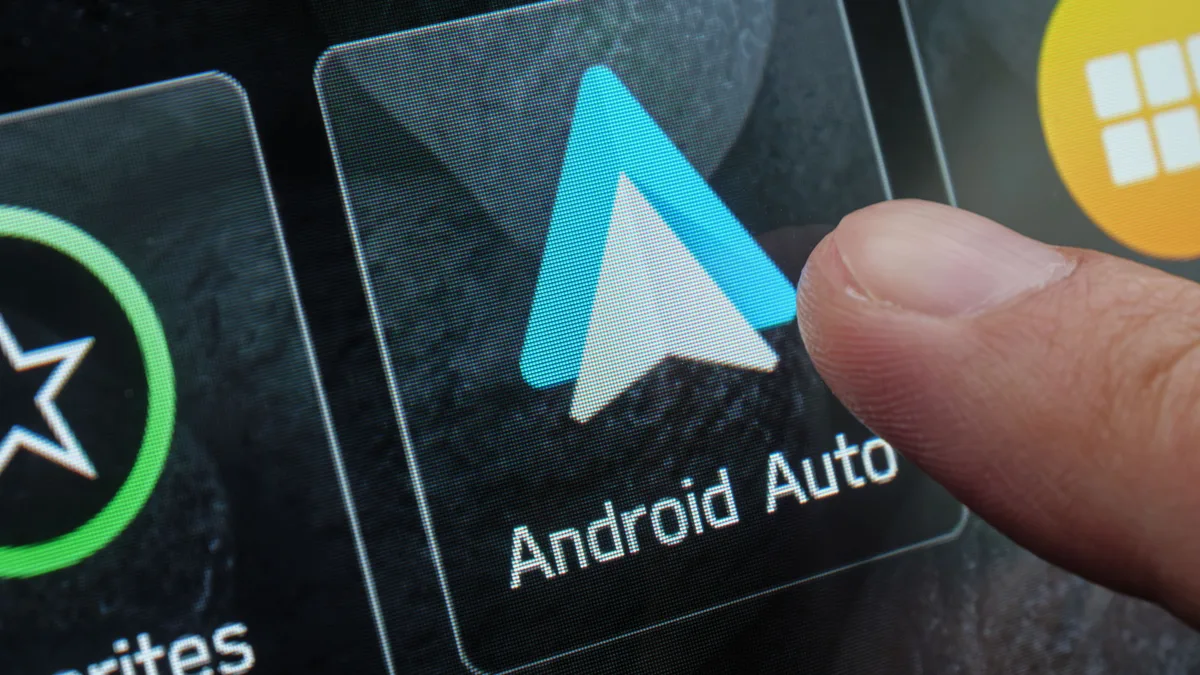 Android Auto dashboard showing Google Meet call workflow while parked or driving safely