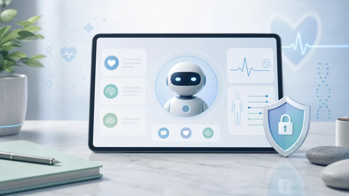 Responsible health AI assistant interface with privacy shield and medical chart motifs