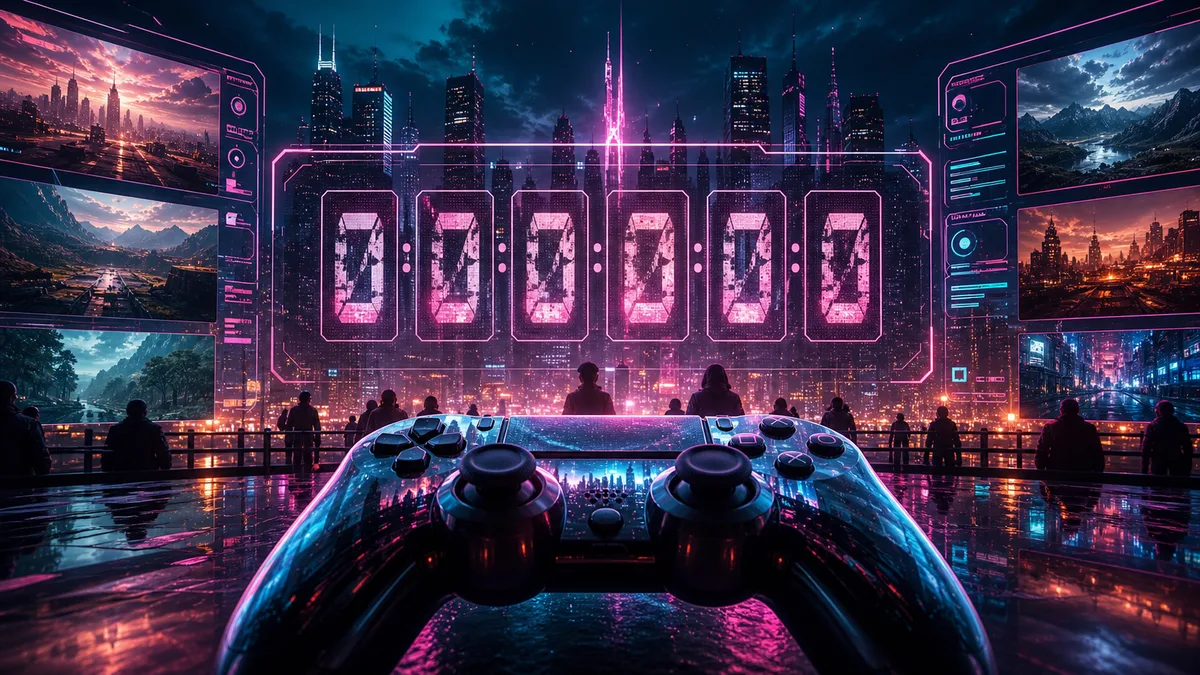 Original neon gaming preorder countdown scene with controller and digital storefront panels