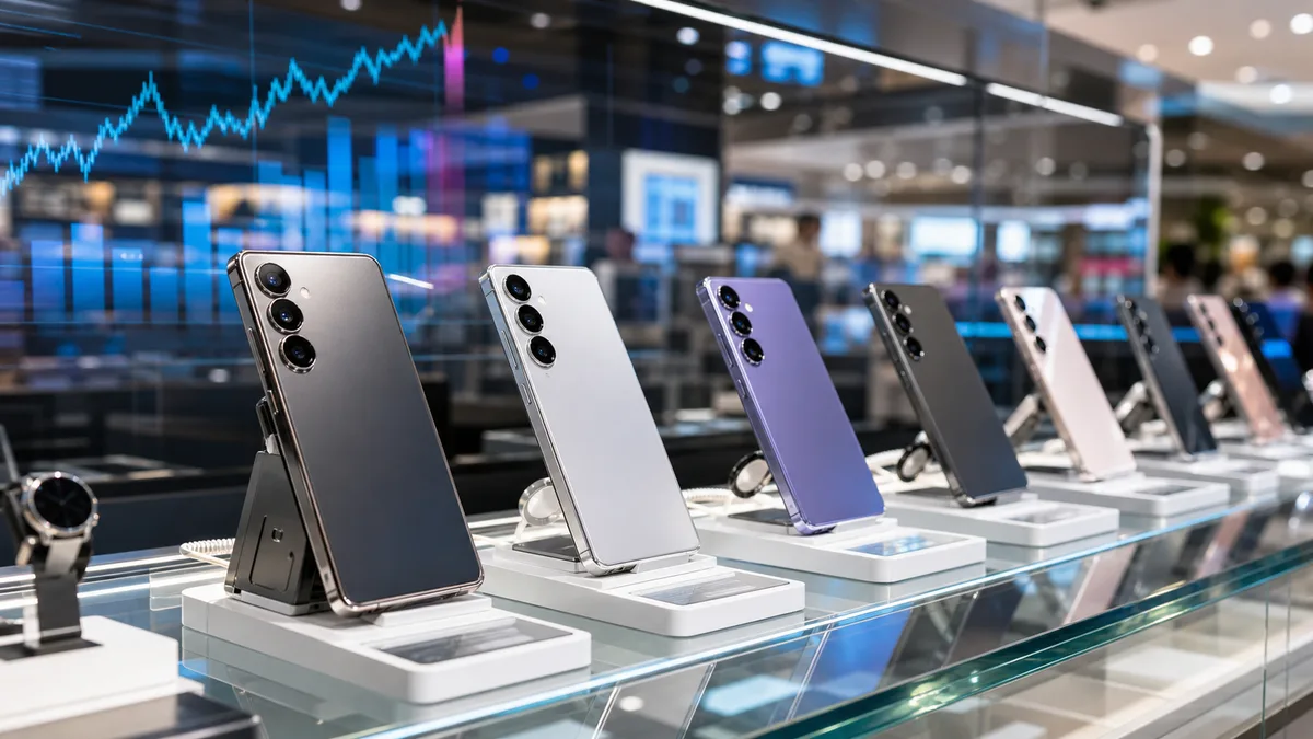 Premium smartphones displayed at a retail counter during a sales event