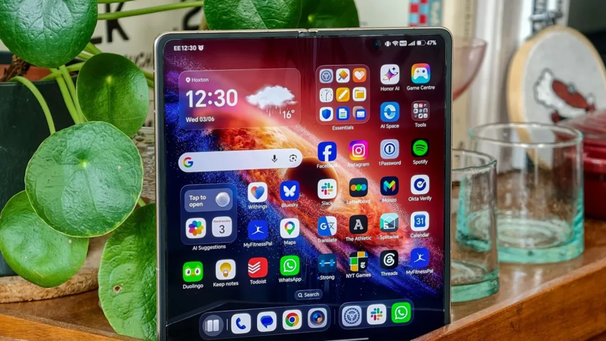 Honor Magic V6 foldable phone opened on a table