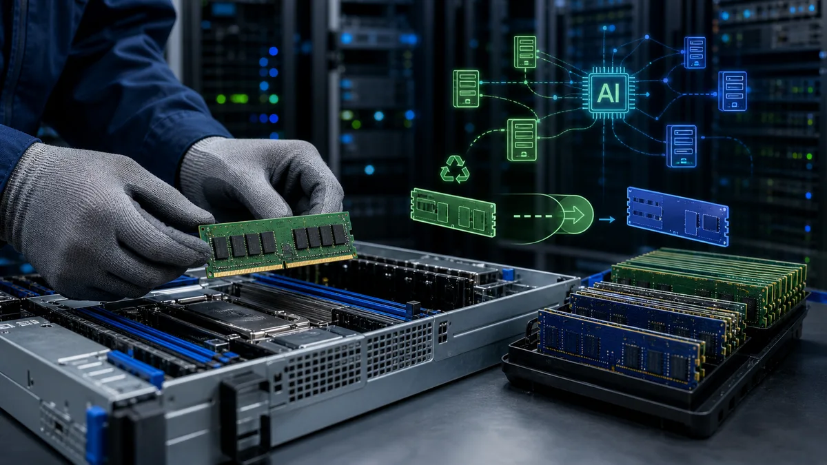 Generated editorial cover showing reused server memory modules for AI inference infrastructure