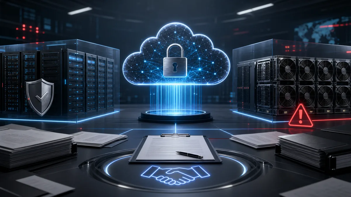 Secure cloud compute contract negotiation with data center and padlock imagery