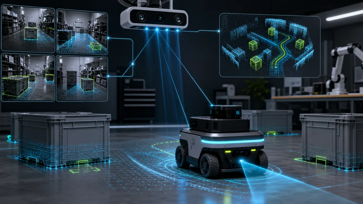 Generated editorial cover showing a small robot using real-time multimodal AI perception