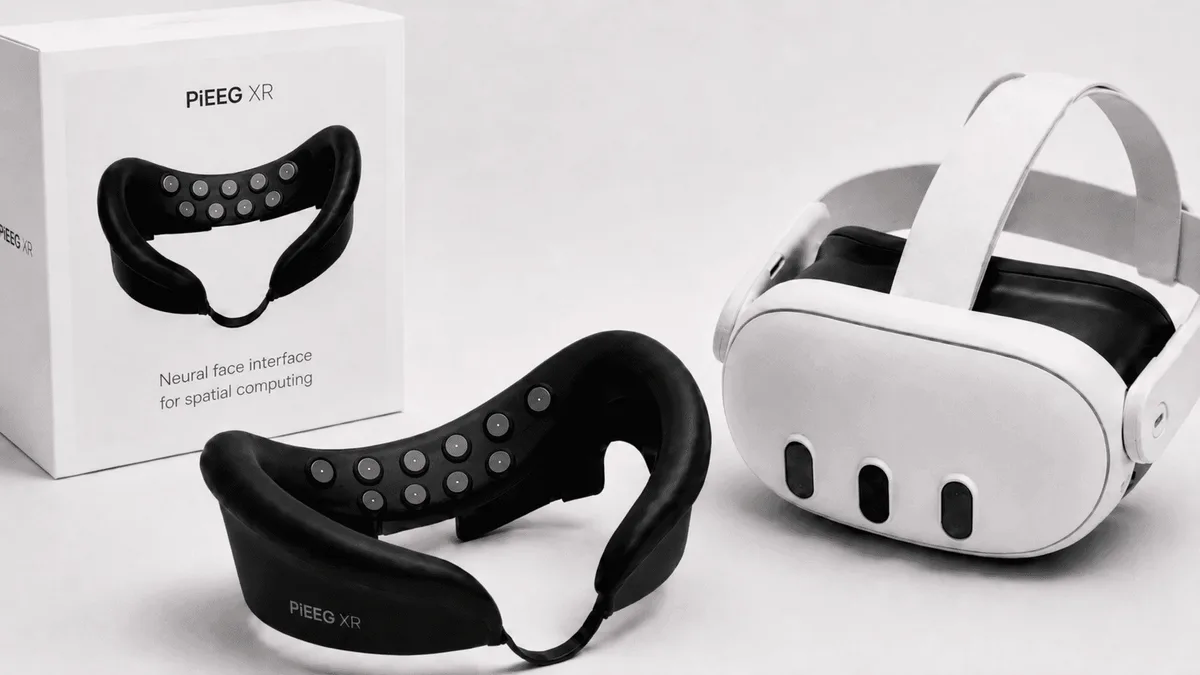 PiEEG XR sensor frame accessory fitted to a Meta Quest 3 headset