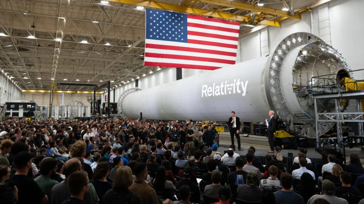 Relativity Space leadership discussing rocket and Mars mission plans with employees