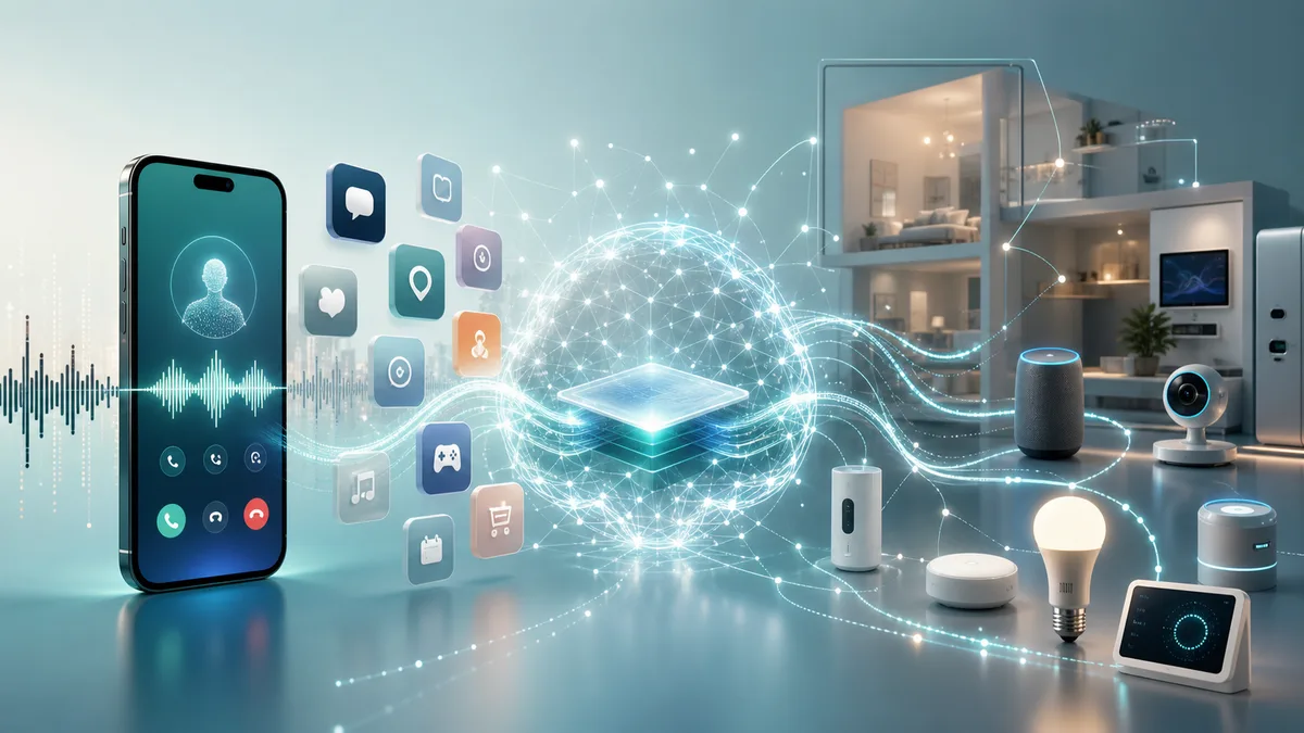 Abstract telecom network connecting AI services across phones apps and smart home devices