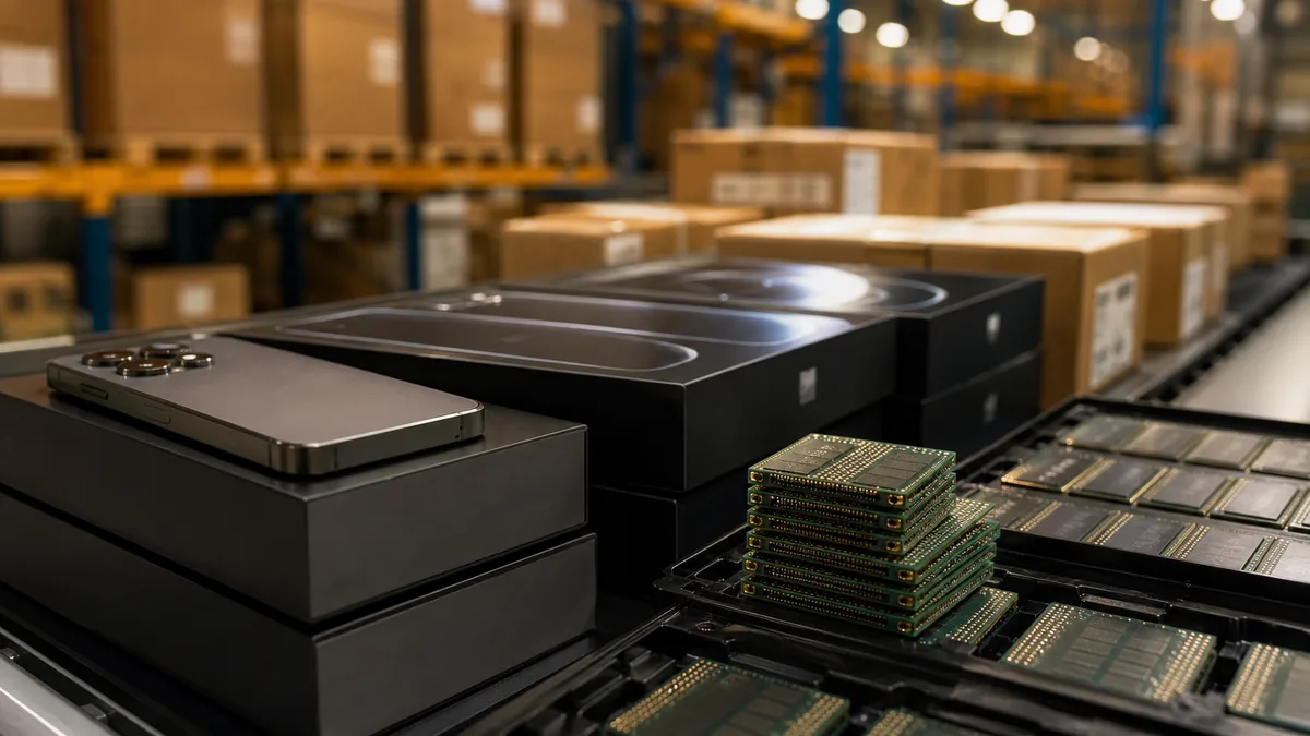 Memory chips and smartphone boxes in a supply chain warehouse