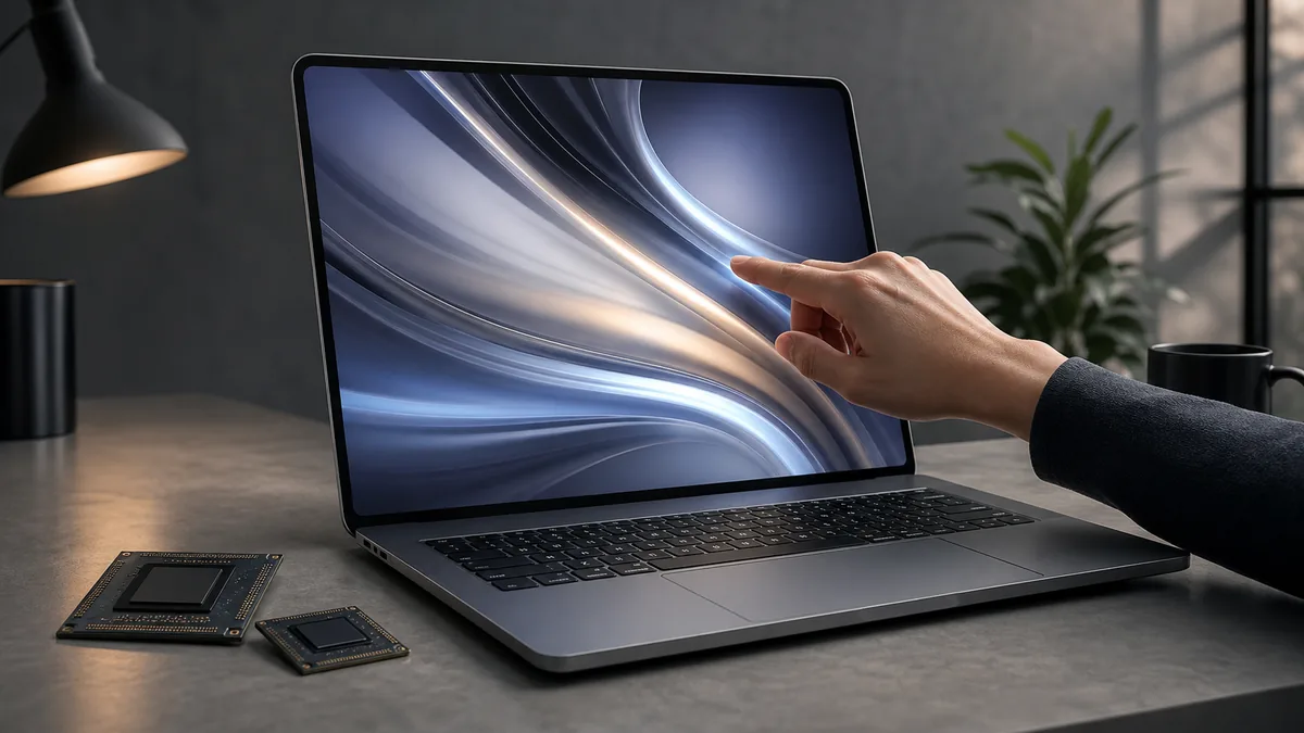 Generated touchscreen MacBook concept with advanced laptop chips on a desk