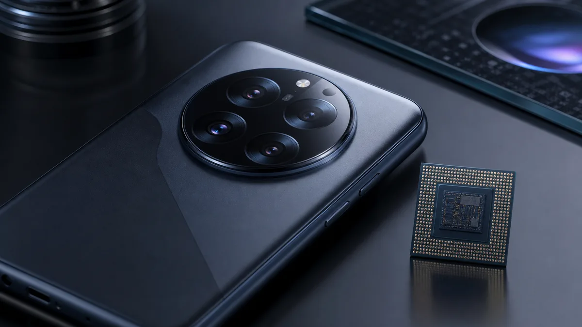 Flagship smartphone concept beside a next generation mobile chipset