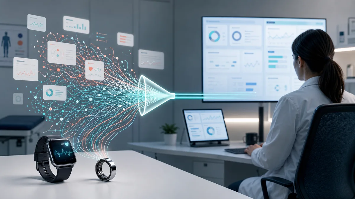 Generated clinic analytics image showing wearable health data being filtered