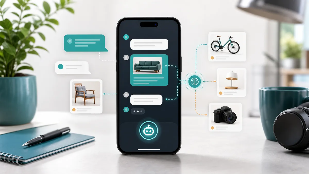 Generated editorial cover showing AI assistant chat bubbles for a second-hand marketplace app