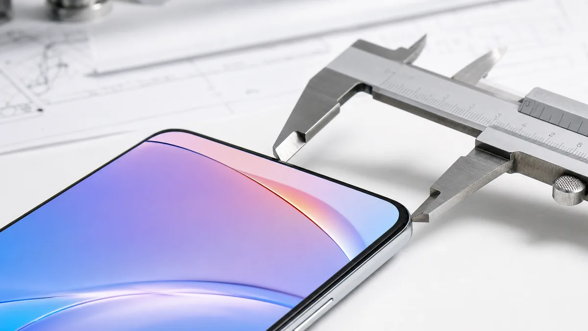 Near-borderless smartphone display measured with a precision caliper