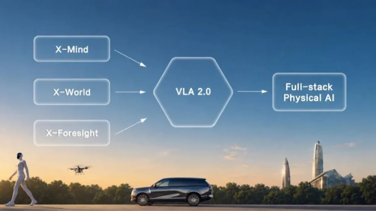 XPeng X-Mind autonomous driving AI framework shown on a smart vehicle technology graphic