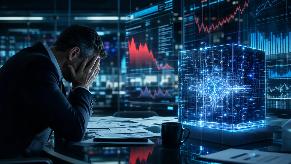 Generated editorial image of enterprise software market risk and AI automation