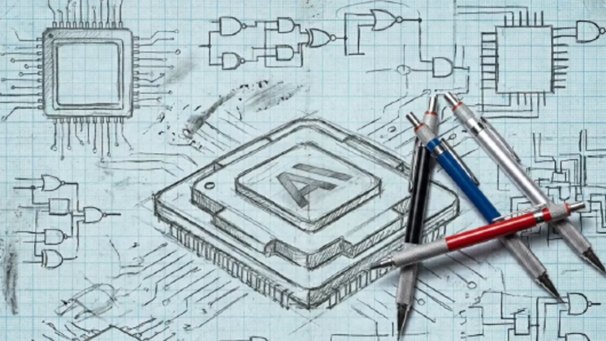 AI chip report illustration with semiconductor and model training symbols
