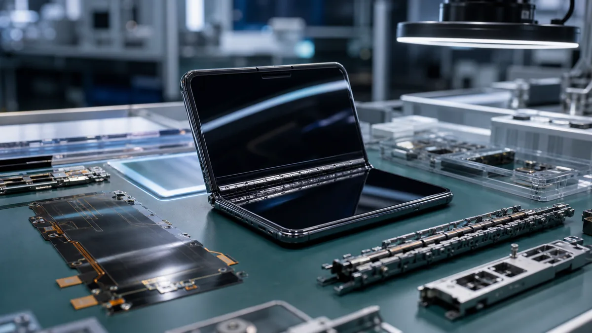Foldable smartphone prototype on supply chain inspection bench