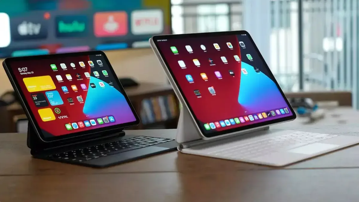 Apple tablet and phone silhouettes arranged on a product roadmap desk