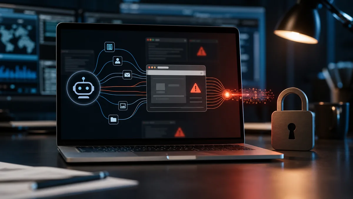 Generated editorial image of an AI browser security flaw on a laptop