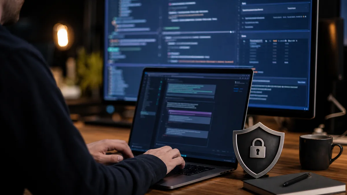 Generated editorial image of an AI coding assistant trust and privacy issue
