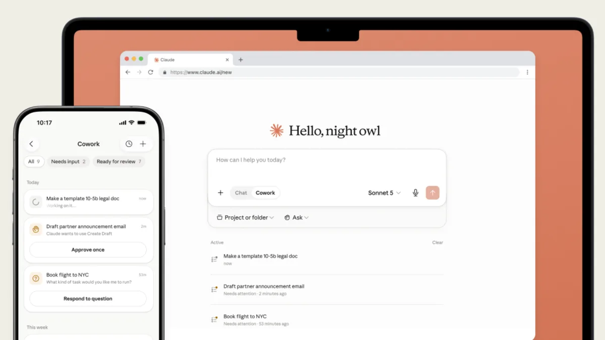 Claude Cowork agent workflow shown across phone and browser screens