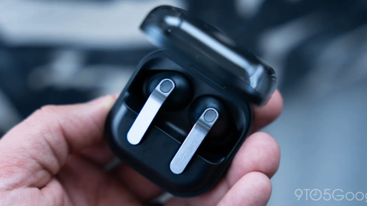 Samsung Galaxy earbuds and smartwatch leak concept on a clean desk
