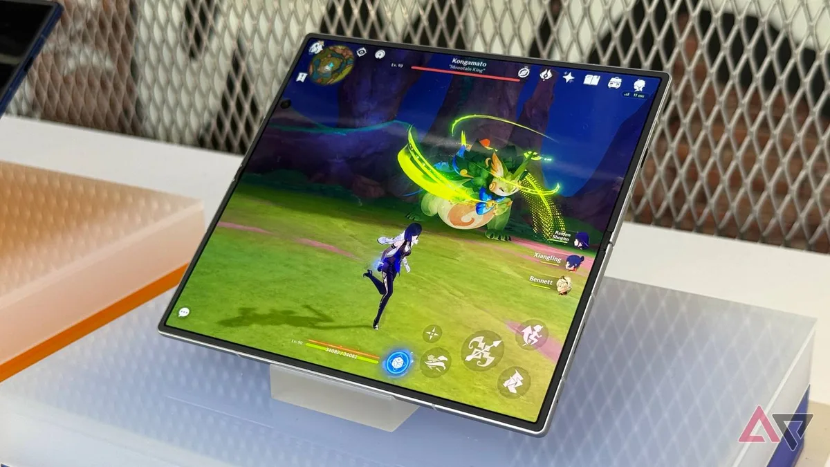 Samsung foldable phone opened with hinge and inner display visible