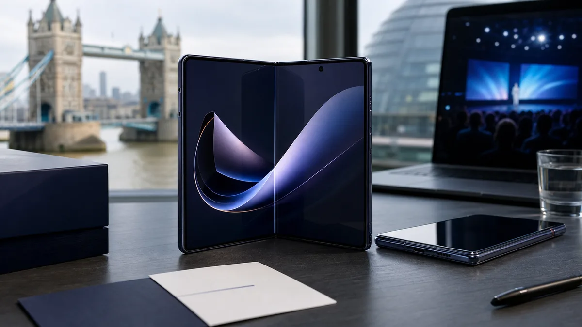 Foldable Samsung-style phone on a London launch desk for Galaxy Z Fold 8 preorder coverage