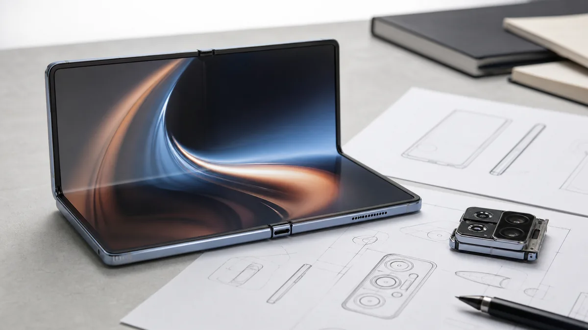 Generated editorial image of an unbranded foldable smartphone and camera module