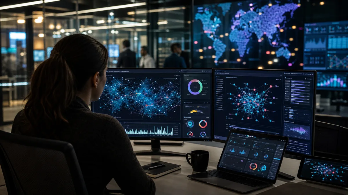 AI brand monitoring dashboard with abstract signal maps and model risk indicators