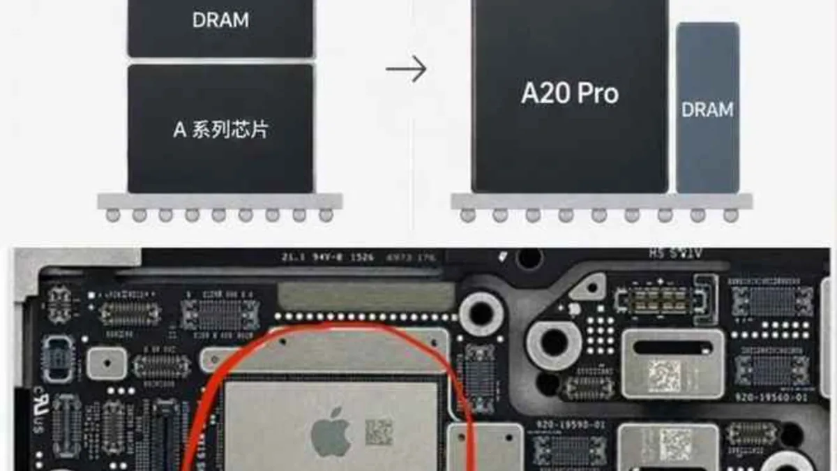 iPhone 18 Pro logic board with A20 Pro and LPDDR6 labels