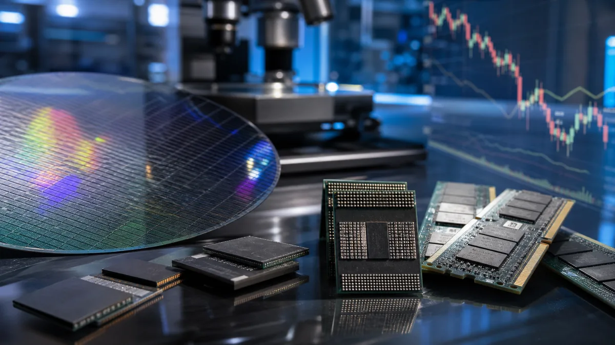 Generated editorial image of memory chips and AI semiconductor market volatility