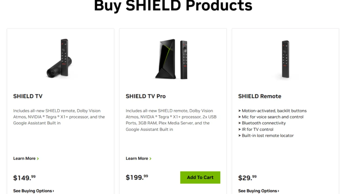 Nvidia Shield TV remote beside streaming hardware